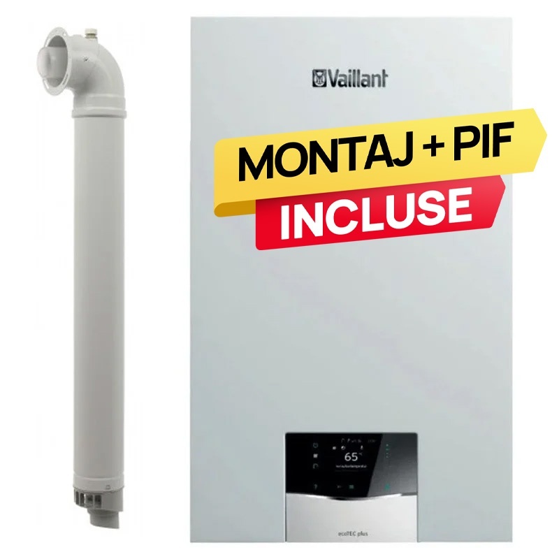 Pachet centrala termica pe gaz in condensare Vaillant ecoTEC plus VUW 32CS/1-5, 27 kW, incalzire si ACM, Kit de evacuare inclus + Montaj + PIF