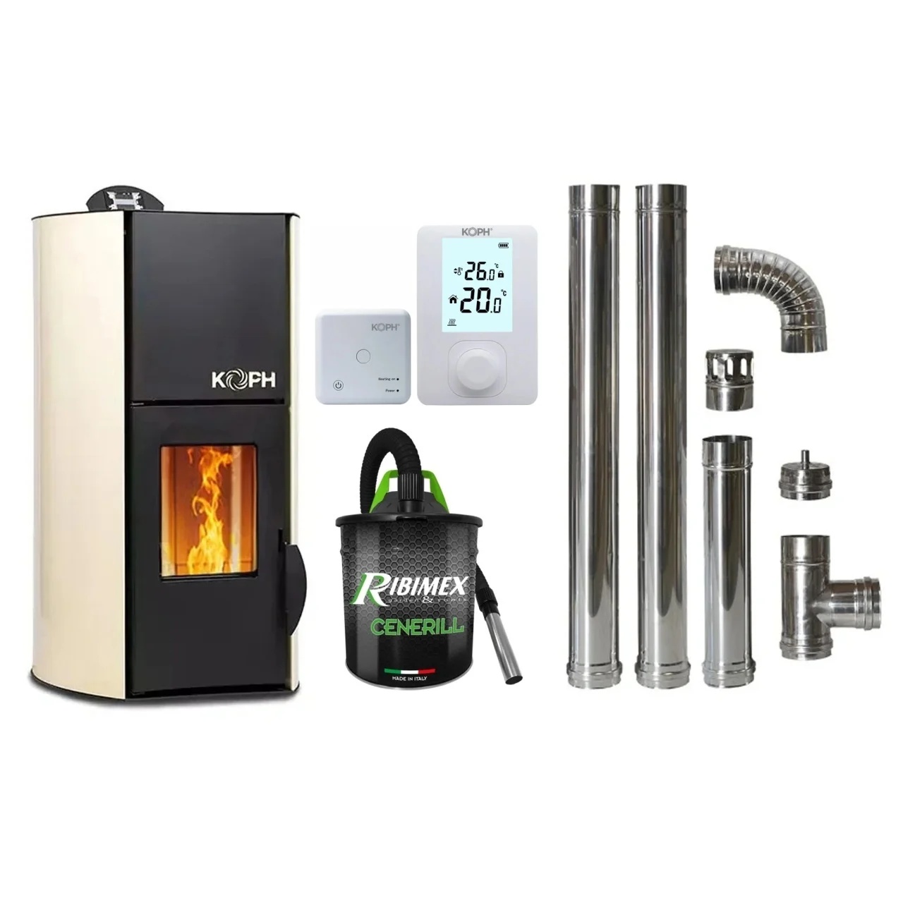 Pachet economic - Termosemineu cu peleti KOPH PM 30 kW, 200 mp, buncar peleti 30 kg, diametru cos fum ⌀80 mm, pompa recirculare si vas expansiune
