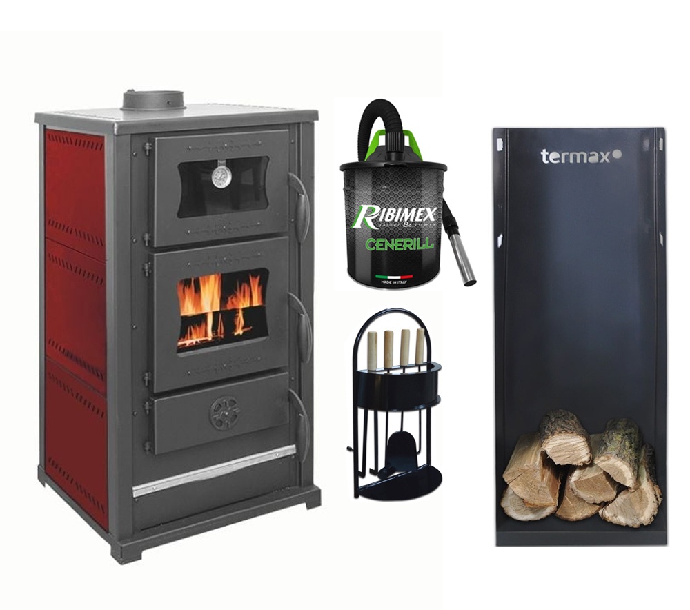 Pachet soba pe lemn Termax Bucovina, 12.2 kW, cuptor incorporat, randament 84.17%, 80 m², Bordo, set accesorii, aspirator cenusa si suport lemne foc
