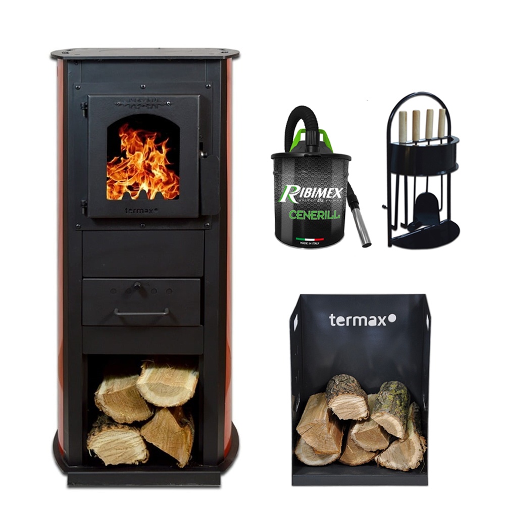 Pachet soba pe lemn Termax Corex, 6.11 kW, evacuare spate, randament 86.49%, 40 m², Rosu, set accesorii, aspirator cenusa si suport lemne foc metalic