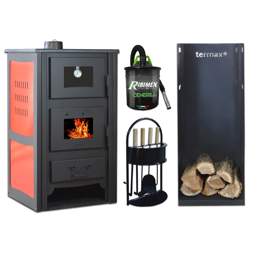 Pachet soba pe lemn Termax Doina, 12.2 kW, randament 84.17%, 80 m², cuptor de gatit integrat, Rosu, set accesorii, aspirator cenusa si suport lemne