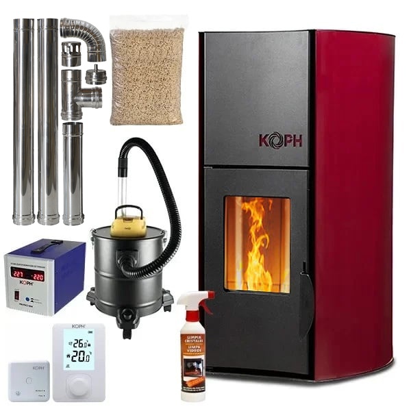 Pachet termosemineu cu peleti KOPH PM 18 kW, 120 mp, buncar 15 kg, diametru cos fum ⌀80 mm, pompa recirculare si vas expansiune incorporate, Bordo