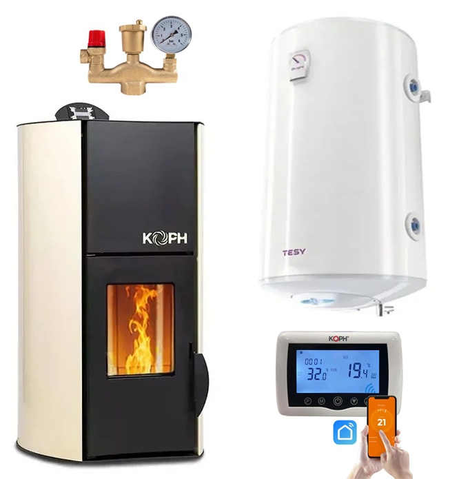 Pachet termosemineu cu peleti KOPH PM 25 kW Fiama, 160 mp, buncar peleti 25 kg, diametru cos fum ⌀80 mm, Boiler Termoelectric 100 litri, Termostat