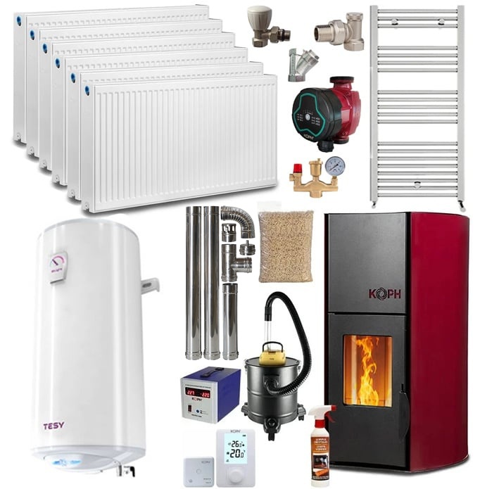 Pachet termosemineu cu peleti KOPH PM 25 kW Fiama, 170 mp, buncar peleti 25 kg, diametru cos fum ⌀80 mm, pompa recirculare si vas expansiune