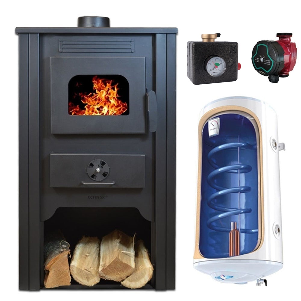 Pachet Termosemineu pe lemn Termax Alma, 11.52 kW, randament 85.59%, 75 m², Bordo, Grup siguranta, Pompa recirculare si Boiler termoelectric Tesy 80