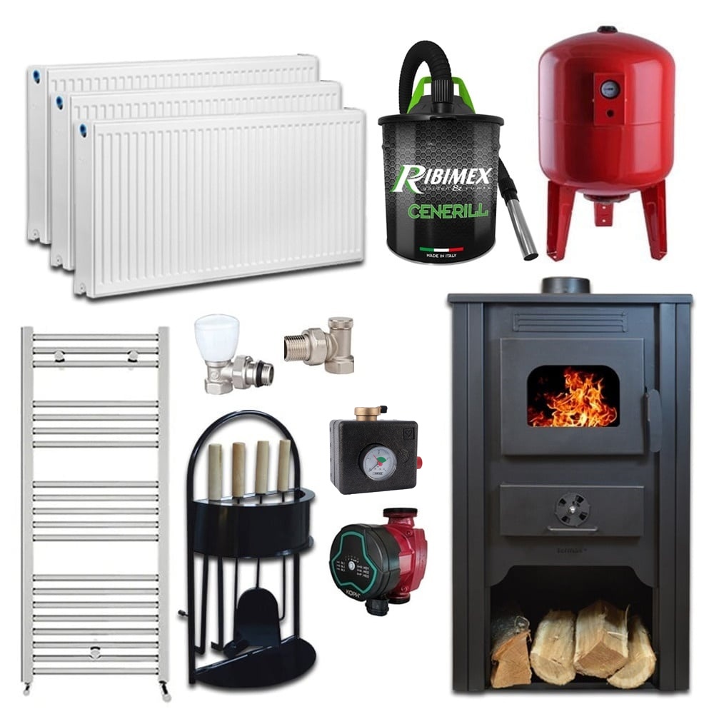 Pachet termosemineu pe lemn Termax Alma, 11.52 kW, randament 85.59%, 75 m², Rosu, Calorifere, Pompa Recirculare, Grup siguranta, Vas expansiune,