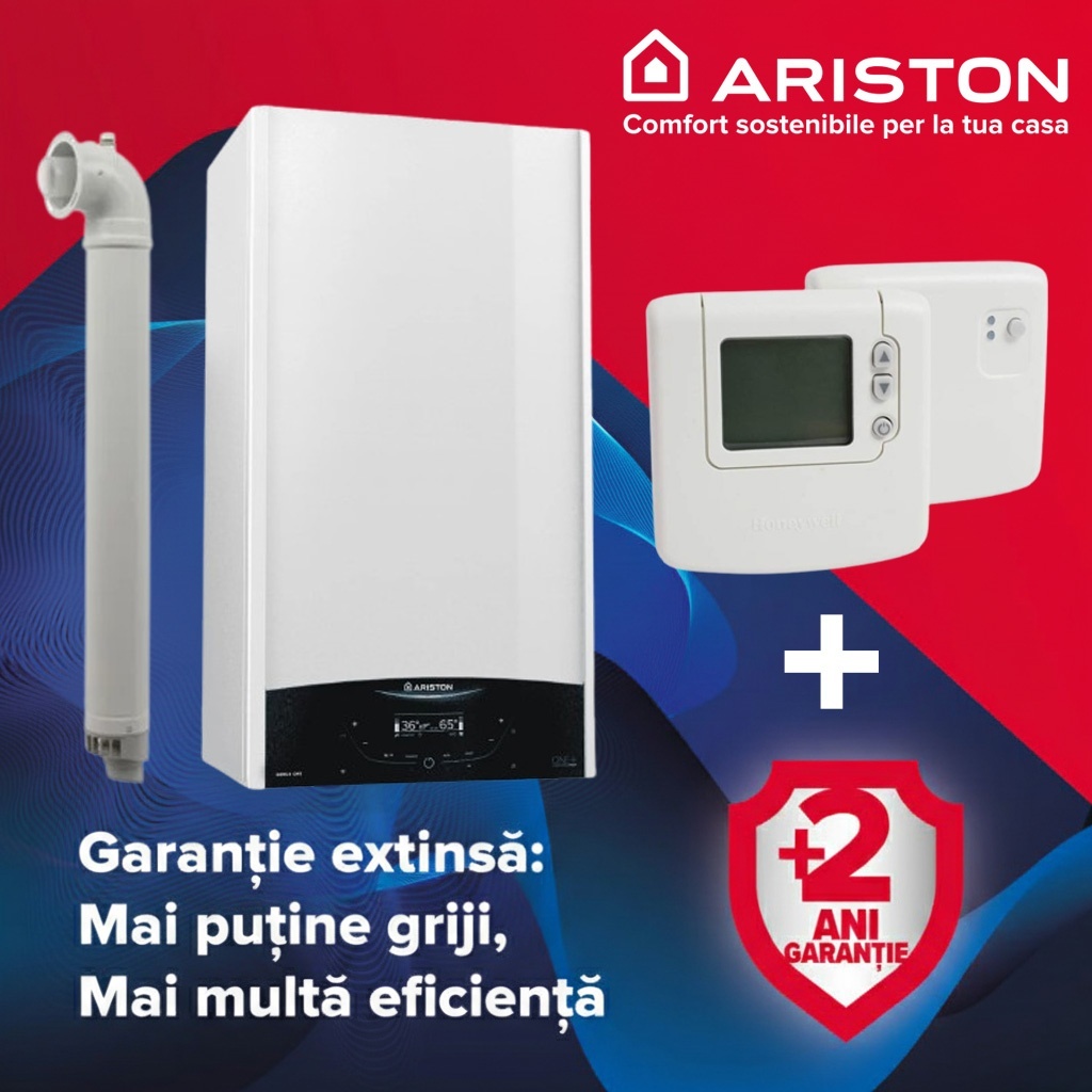 Pachet centrala Ariston Genus One+ 24 kW, Clasa A, Schimbator de caldura XtraTech, Ecran LCD tactil, Autodiagnoza, Kit de evacuare inclus + Termostat