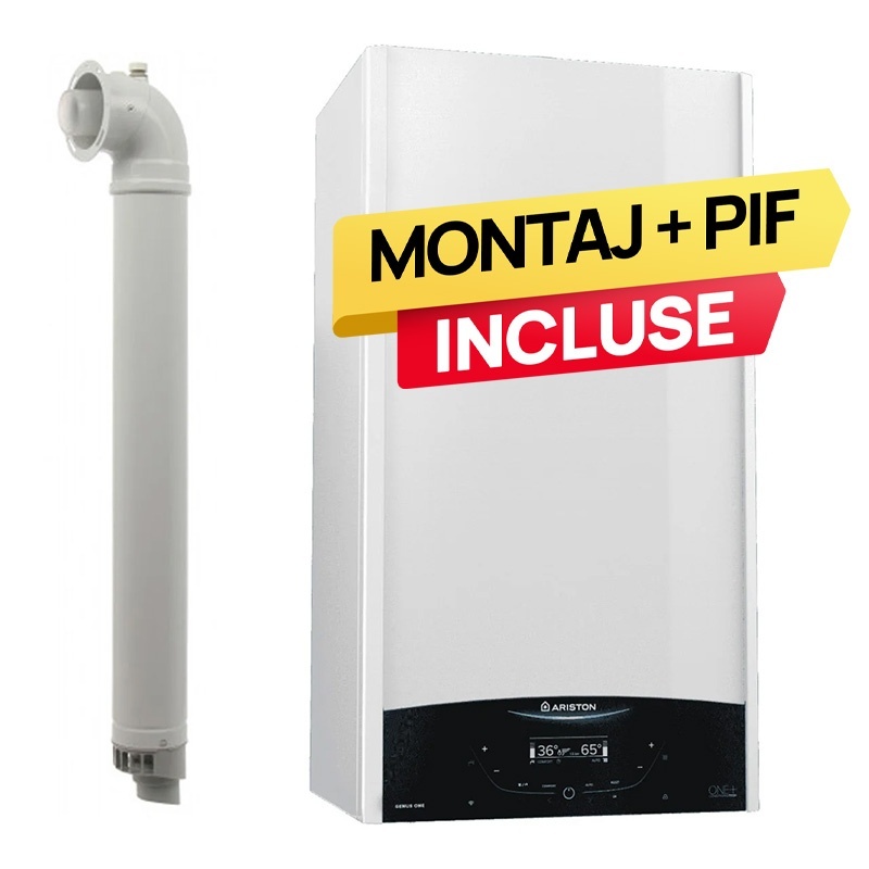 Pachet centrala Ariston Genus One+ 35 kW, incalzire si ACM, Kit de evacuare inclus + Termostat ambient Wifi + 2 ani extragarantie + Montaj + PIF