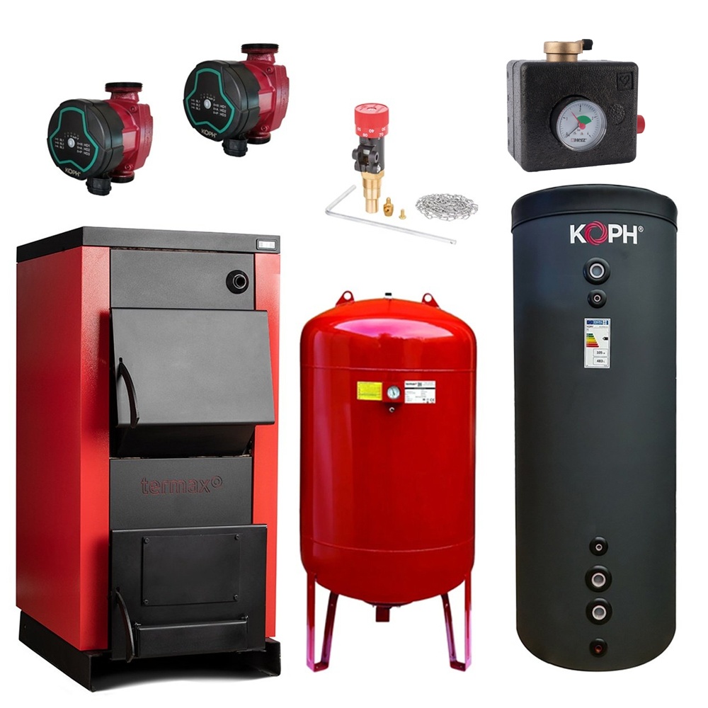 Pachet Centrala/Cazan pe lemn Termax 30 kW, cu ardere standard, volum manta apa 90 litri, Vas expansiune, Puffer 750 l, Pompe recirculare, Grup
