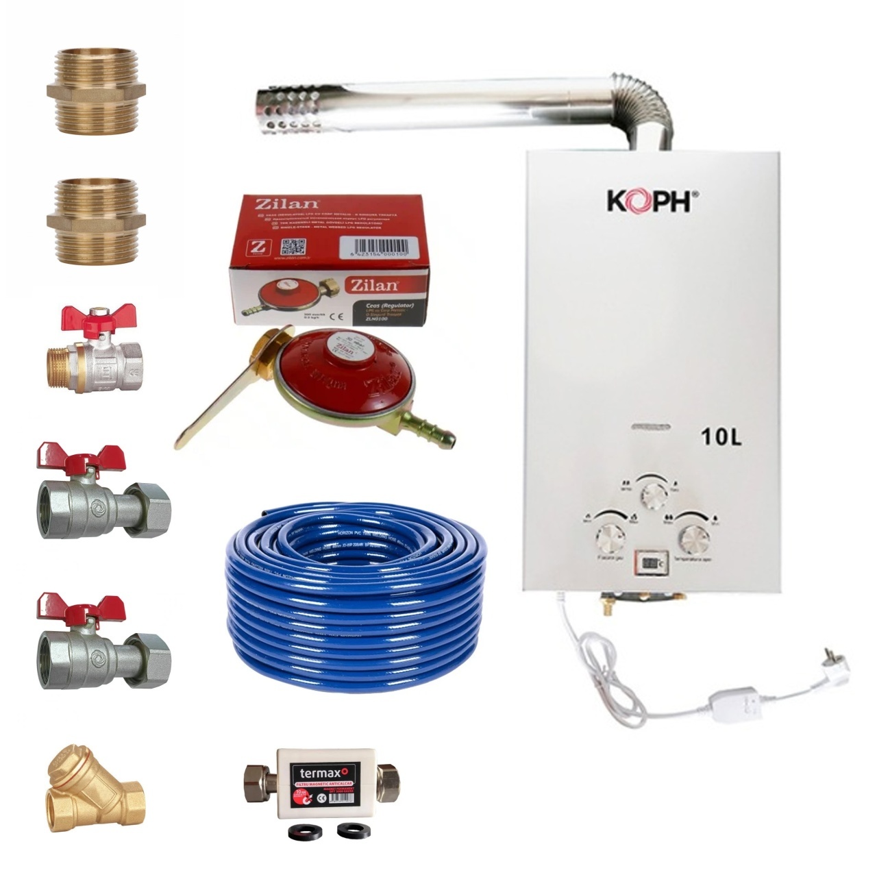 Pachet instant GPL KOPH TF10 cu tiraj fortat pentru apa calda menajera, 20 kW, debit 10 l/min, kit de evacuare inclus, ceas butelie, filtru Y si