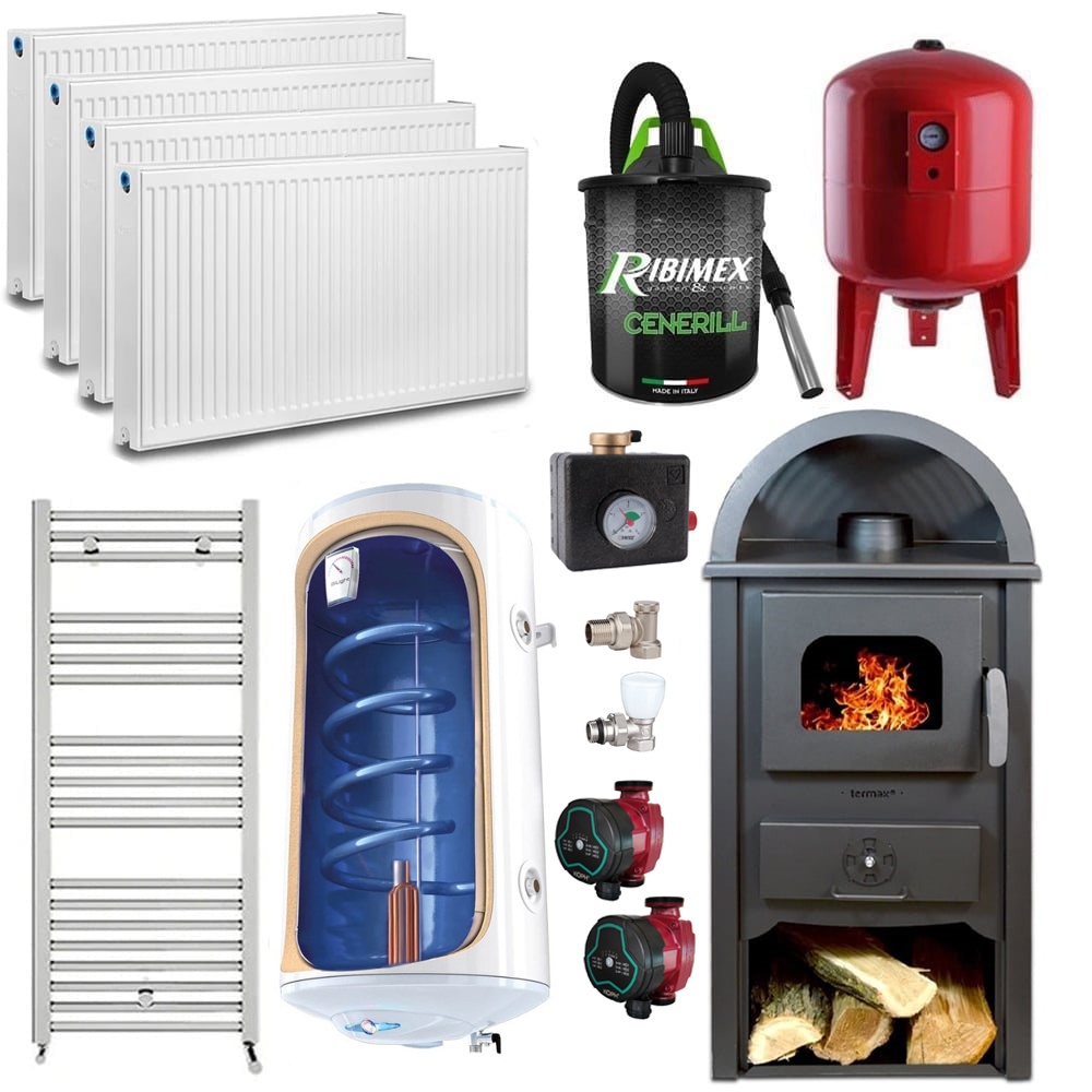 Pachet termosemineu pe lemn Termax Faurar, 11.52 kW, randament 85.59%, 75 m², Negru, Calorifere, Pompe Recirculare, Grup siguranta, Vas expansiune,