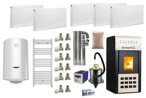 Pachet termosemineu pe peleti Termax Kamin ECO, 25 kW, cu agent termic, Calorifere, Boiler Termoelectric 100 litri, recomandat pentru 160 mp