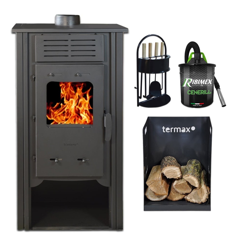 Pachet termosemineu Termax Hydra, 6.5 kW, randament 75.5%, 43 m², Bej, set accesorii, aspirator cenusa si suport lemne foc metalic Termax M