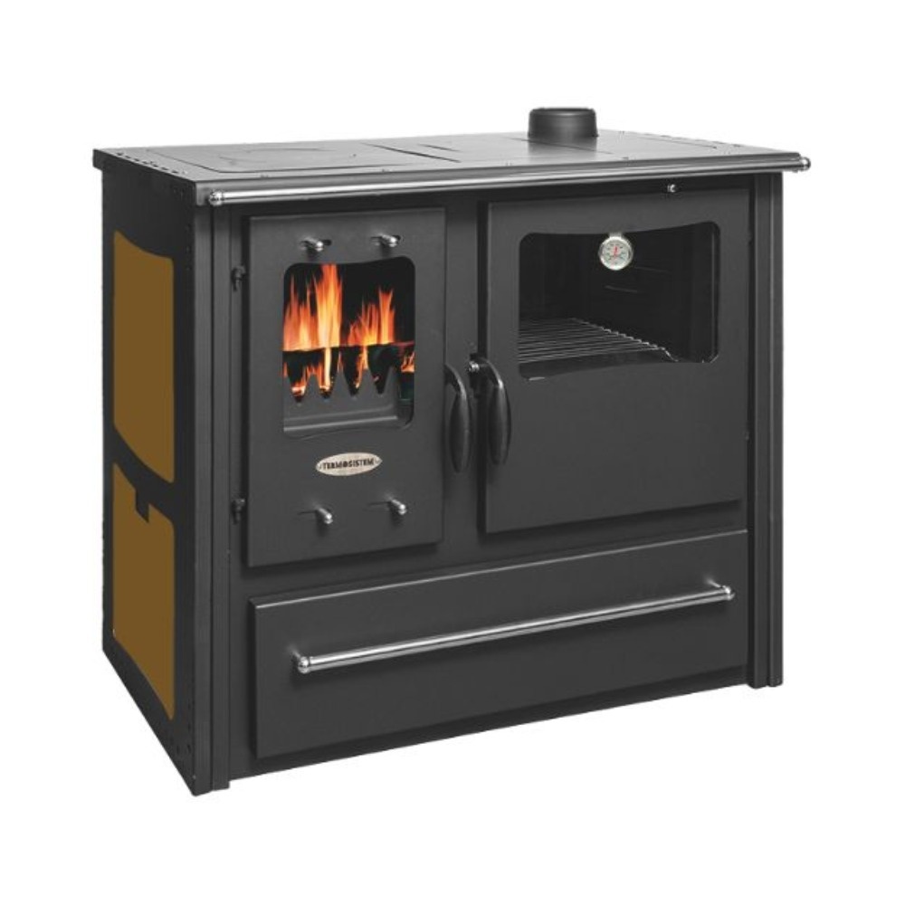 Soba pe lemn Termax Rustik, Fonta, 9.5 kW, evacuare pe dreapta, cuptor integrat, randament 76.1%, 63 m², Maro