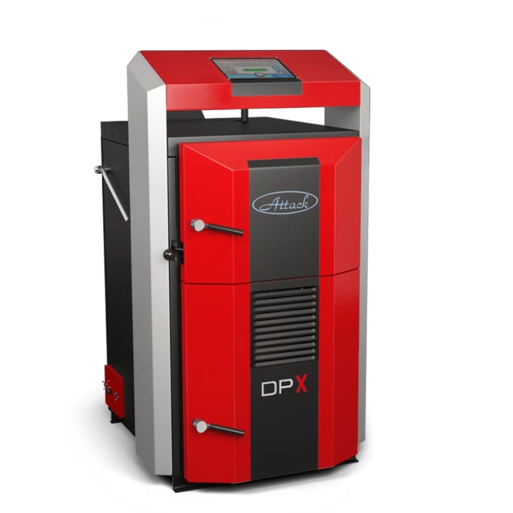 Cazan pe lemne cu gazeificare ATTACK DPX, 25 kW, volum manta apa 100 litri, grosime camera ardere 6 mm, randament 91%, lungime maxima bustean 55 cm,