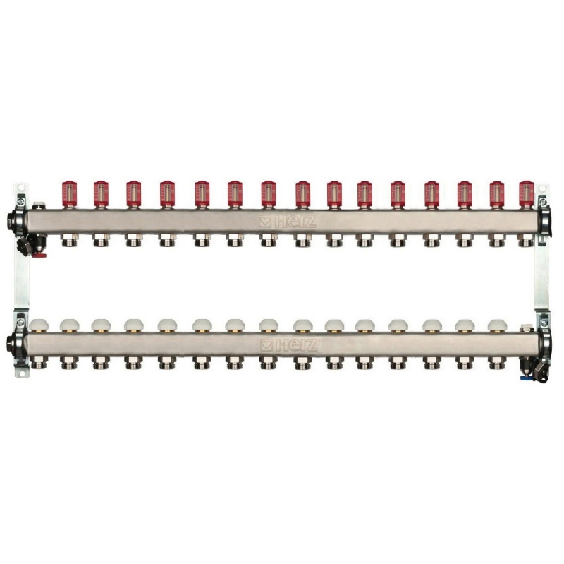Distribuitor pentru incalzire pardoseala, 16 cai, HERZ, inox 1", cu iesire G 3/4