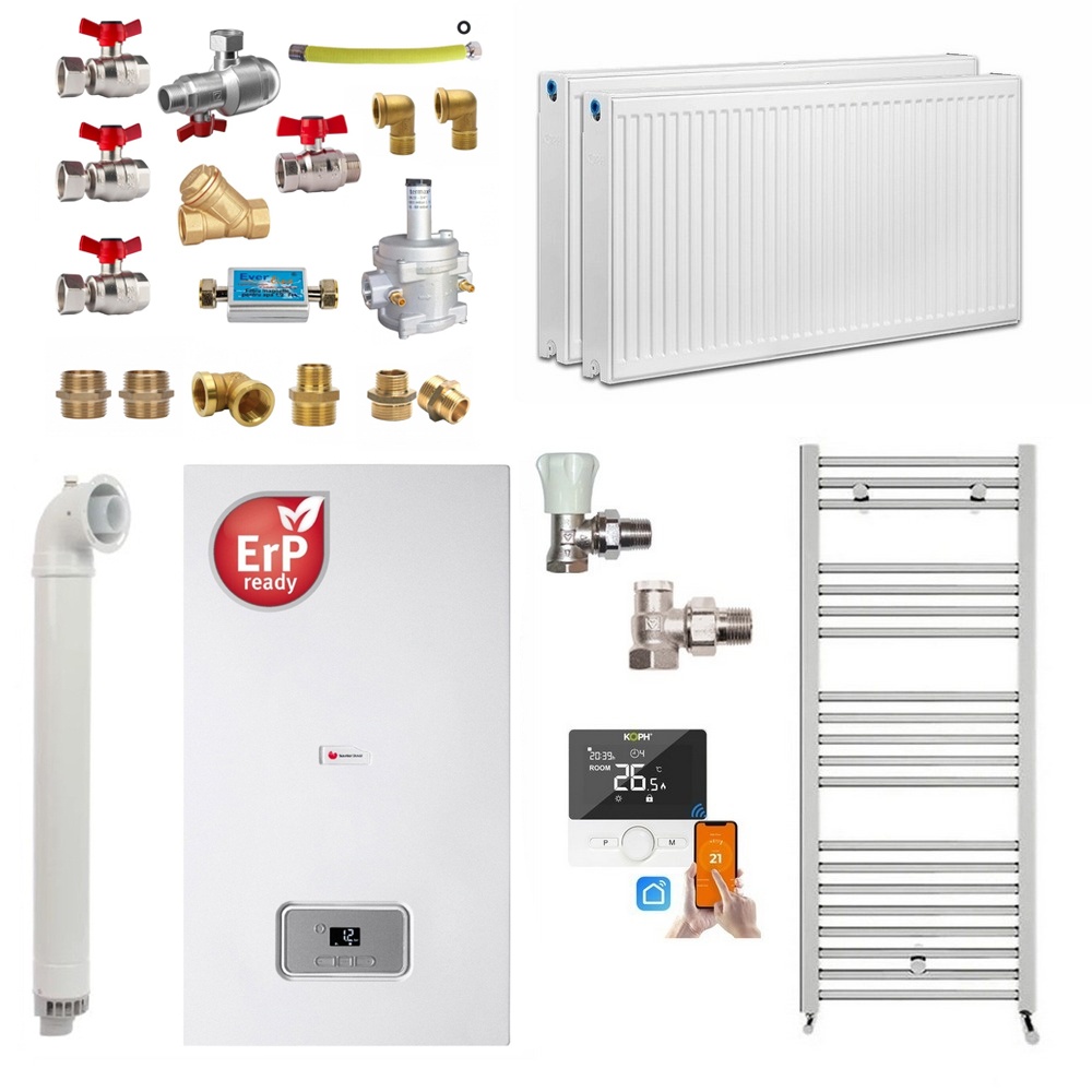 Pachet apartament cu 1 camera, centrala termica pe gaz in condensare Saunier Duval Semia 25-A, 19,1 kW, Calorifere, Termostat inteligent, Set
