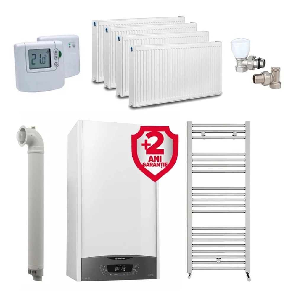 Pachet apartament cu 3 camere, centrala Ariston Clas One WIFI 24 kW, incalzire si ACM, Kit evacuare inclus + Termostat ambient fara fir Honeywell
