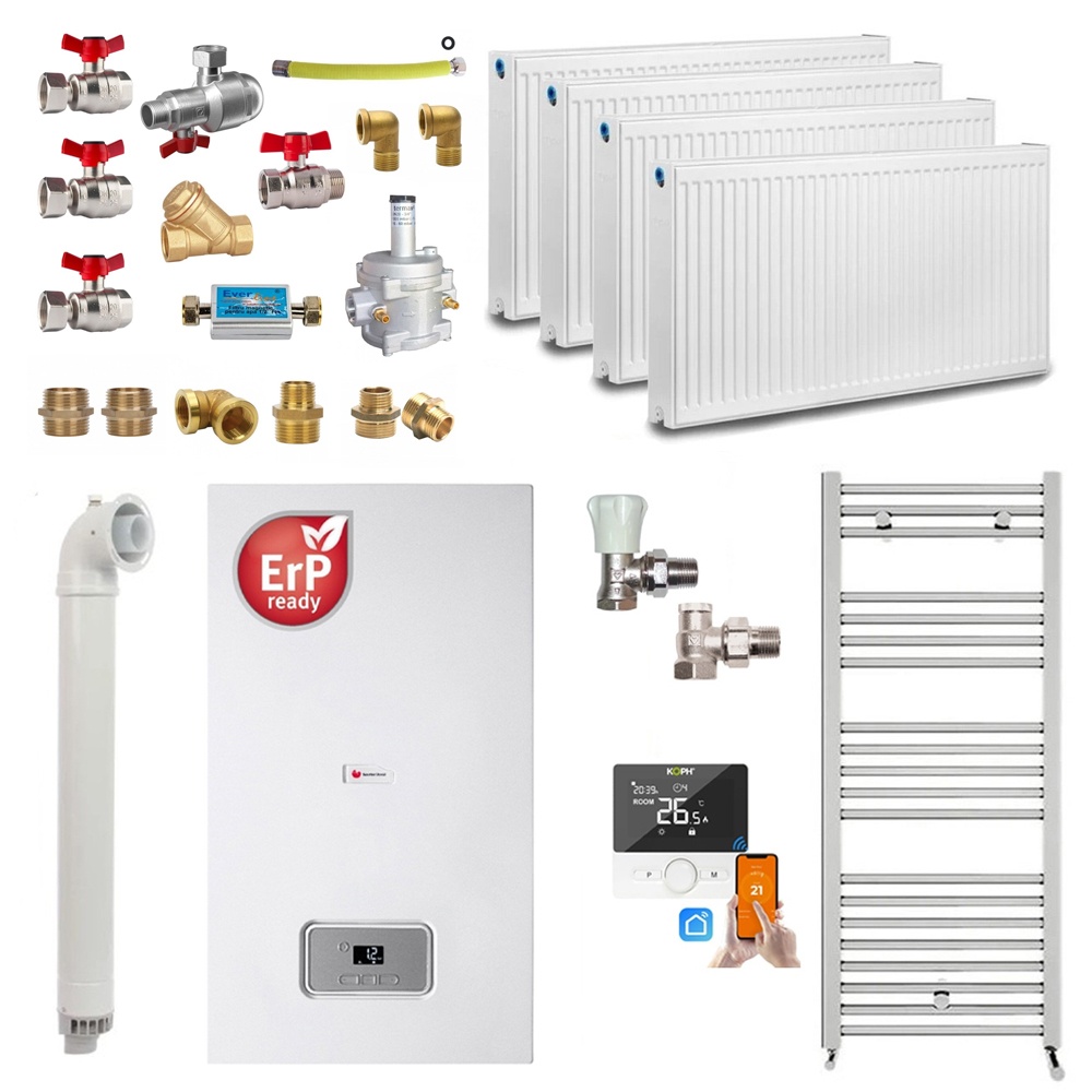 Pachet apartament cu 3 camere, centrala termica pe gaz in condensare Saunier Duval Semia 25-A, 19,1 kW, Calorifere, Termostat inteligent, Set