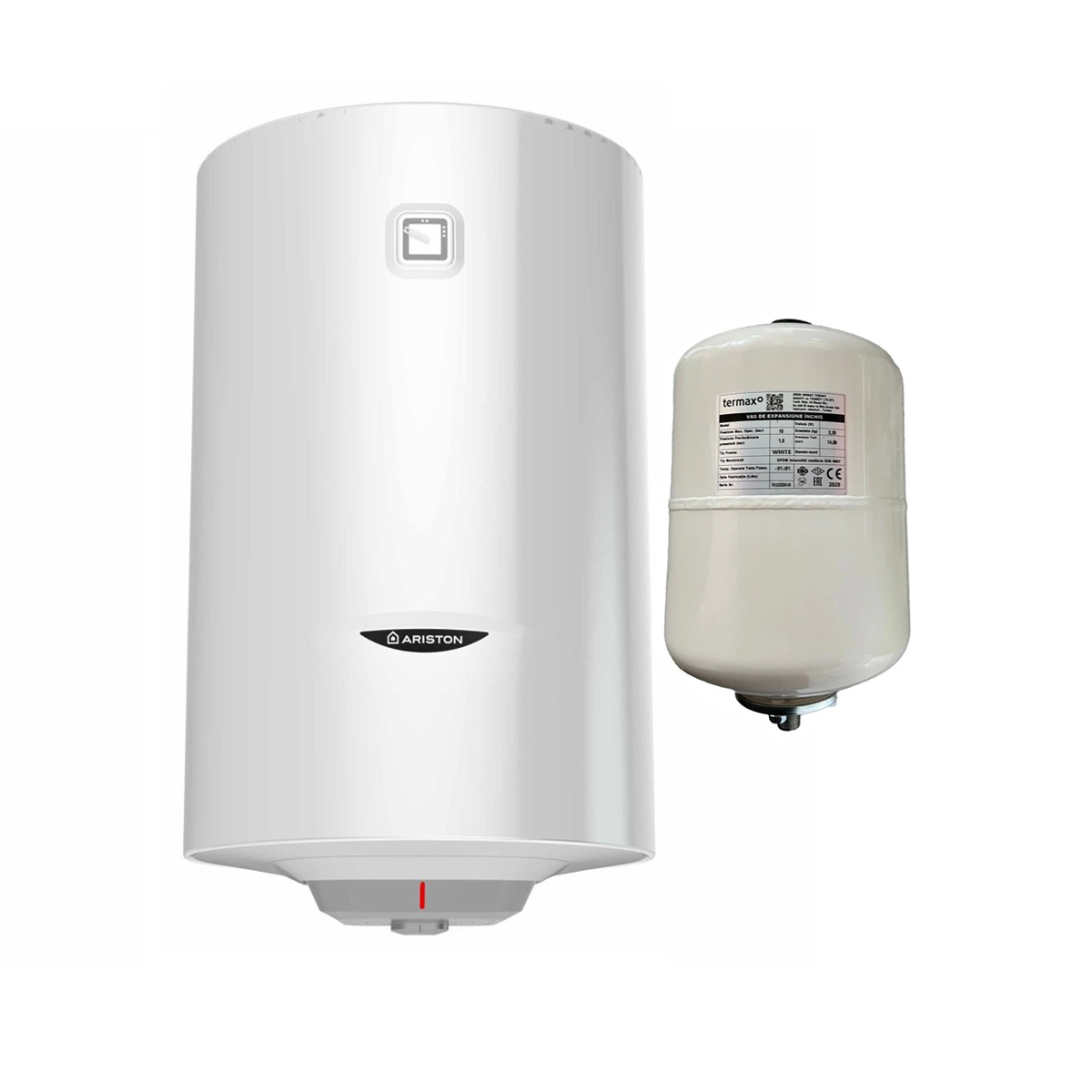Pachet boiler termoelectric Ariston Pro 1 R 100 VTS, 100 litri, 1800 W, serpentina pe partea stanga si Vas expansiune 12 litri Termax pentru