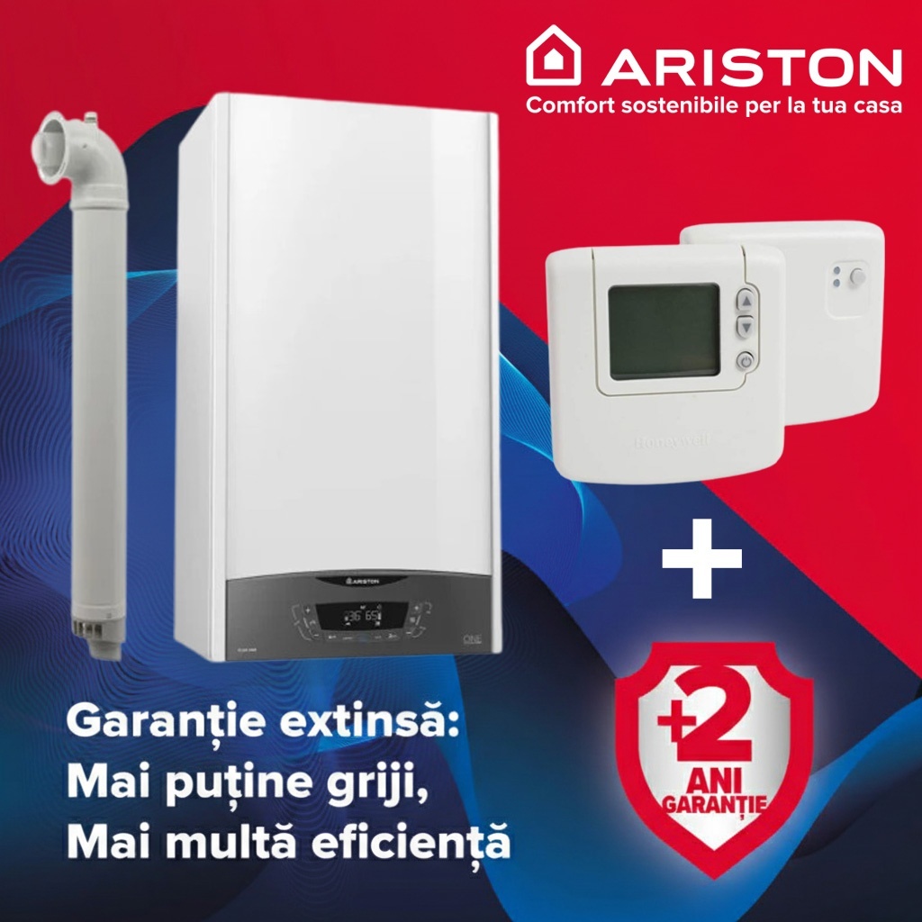 Pachet centrala Ariston Clas One WIFI 24 kW, incalzire si ACM, Kit evacuare inclus + Termostat ambient fara fir Honeywell DT92A + 2 ani extragarantie