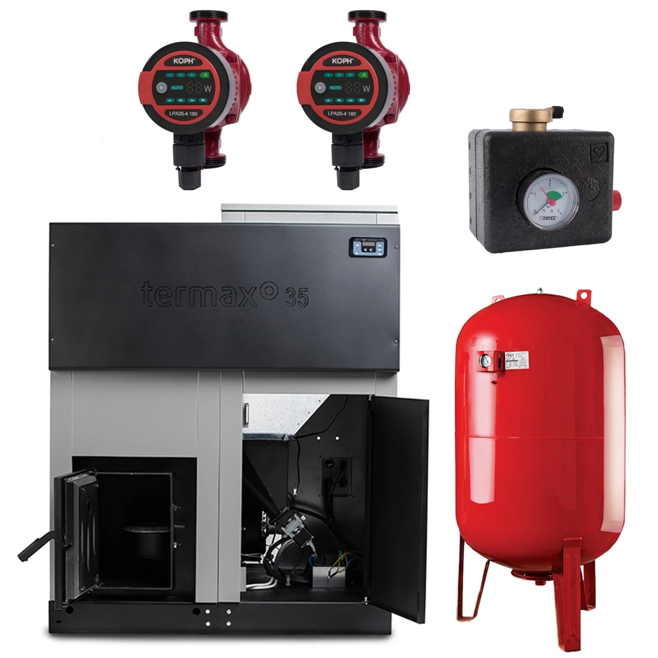 Pachet centrala cu peleti Termax ECO GRI 70 kW, 440 mp, buncar peleti 205 kg, vas expansiune 80 litri, pompe de recirculare, grup de siguranta Herz