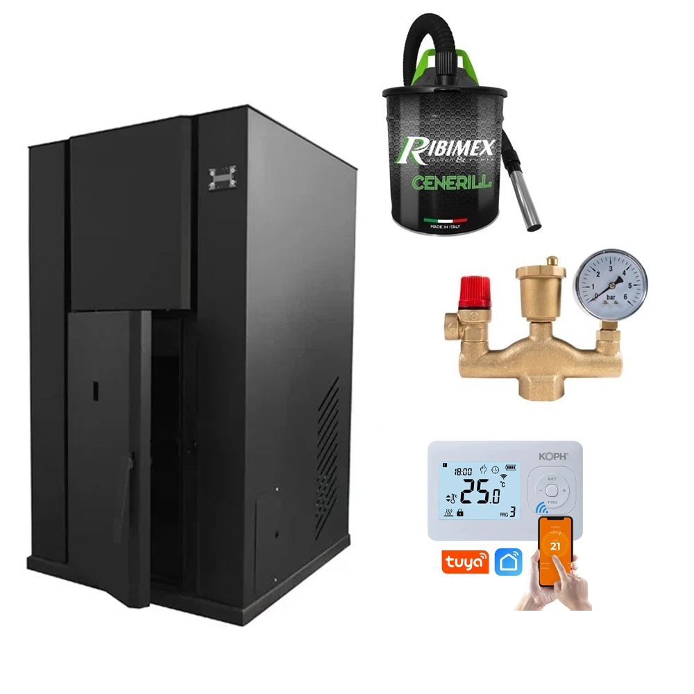 Pachet centrala peleti KOPH PM 35 KW, 230 mp, buncar peleti 80 kg, diametru cos fum ⌀100 mm, pompa recirculare si vas expansiune incorporate,