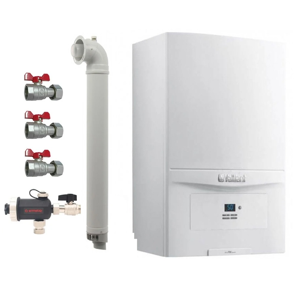 Pachet centrala termica pe gaz/GPL in condensare Vaillant ecoTEC pure VUW 286/7-2, 26.1 kW, incalzire si ACM, Kit de evacuare inclus, Robineti si