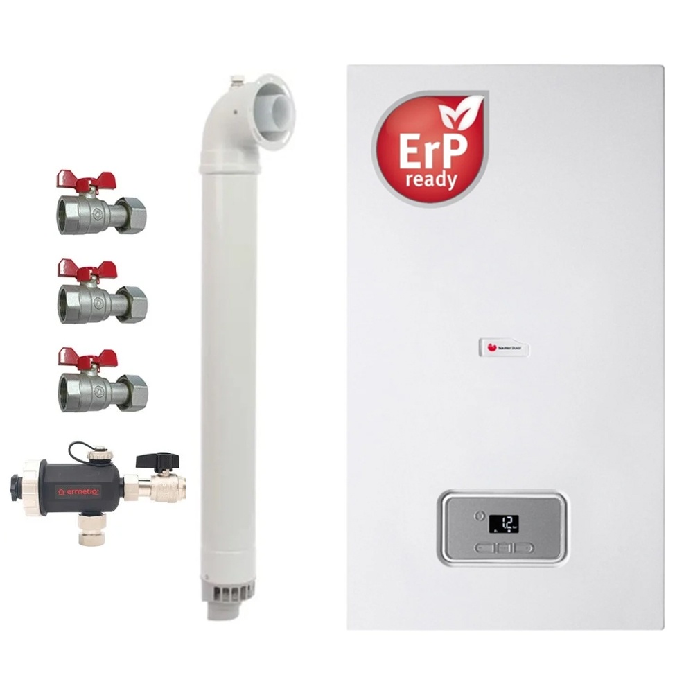 Pachet centrala termica pe gaz in condensare Saunier Duval Semia 25-A, 19,1 kW, Kit evacuare inclus, Robineti si Filtru antimagnetita