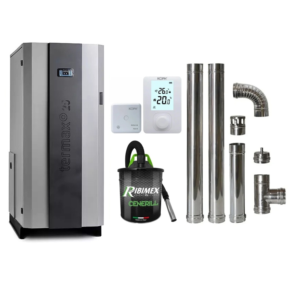Pachet economic - Centrala cu peleti Termax Compact 25 kW, 170 mp, buncar peleti 75 kg, diametru cos fum ⌀80 mm, vas expansiune si pompa recirculare