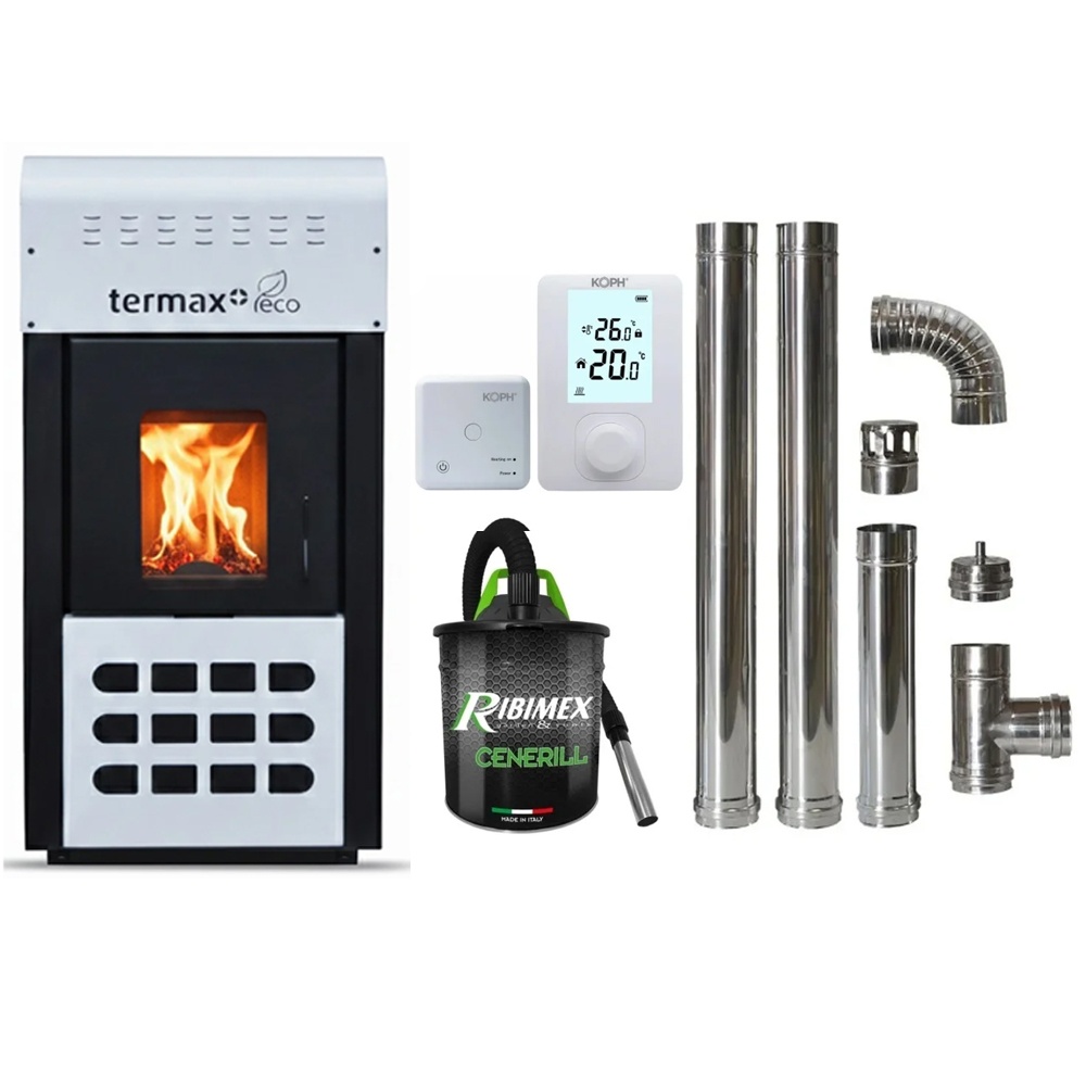 Pachet economic - Termosemineu pe peleti Termax Kamin ECO, 25 kW, 160 mp, buncar peleti 45 kg, diametru cos fum ⌀80 mm, vas expansiune si pompa