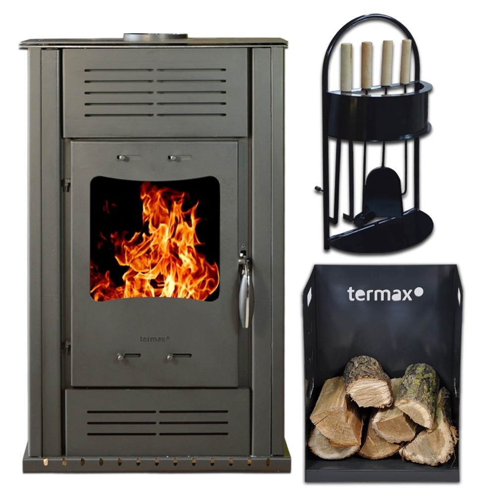 Pachet soba pe lemn Termax Ambra, 9.47 kW, randament 84.32%, 60 m², set accesorii si suport lemne foc metalic Termax M