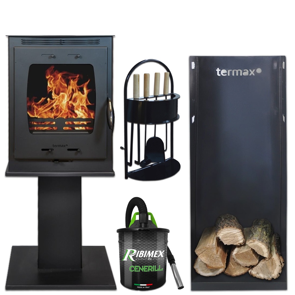 Pachet soba pe lemn Termax Vesta cu picior, 9.47 kW, randament 84.32%, 60 m², Negru, set accesorii, aspirator cenusa si suport lemne foc metalic