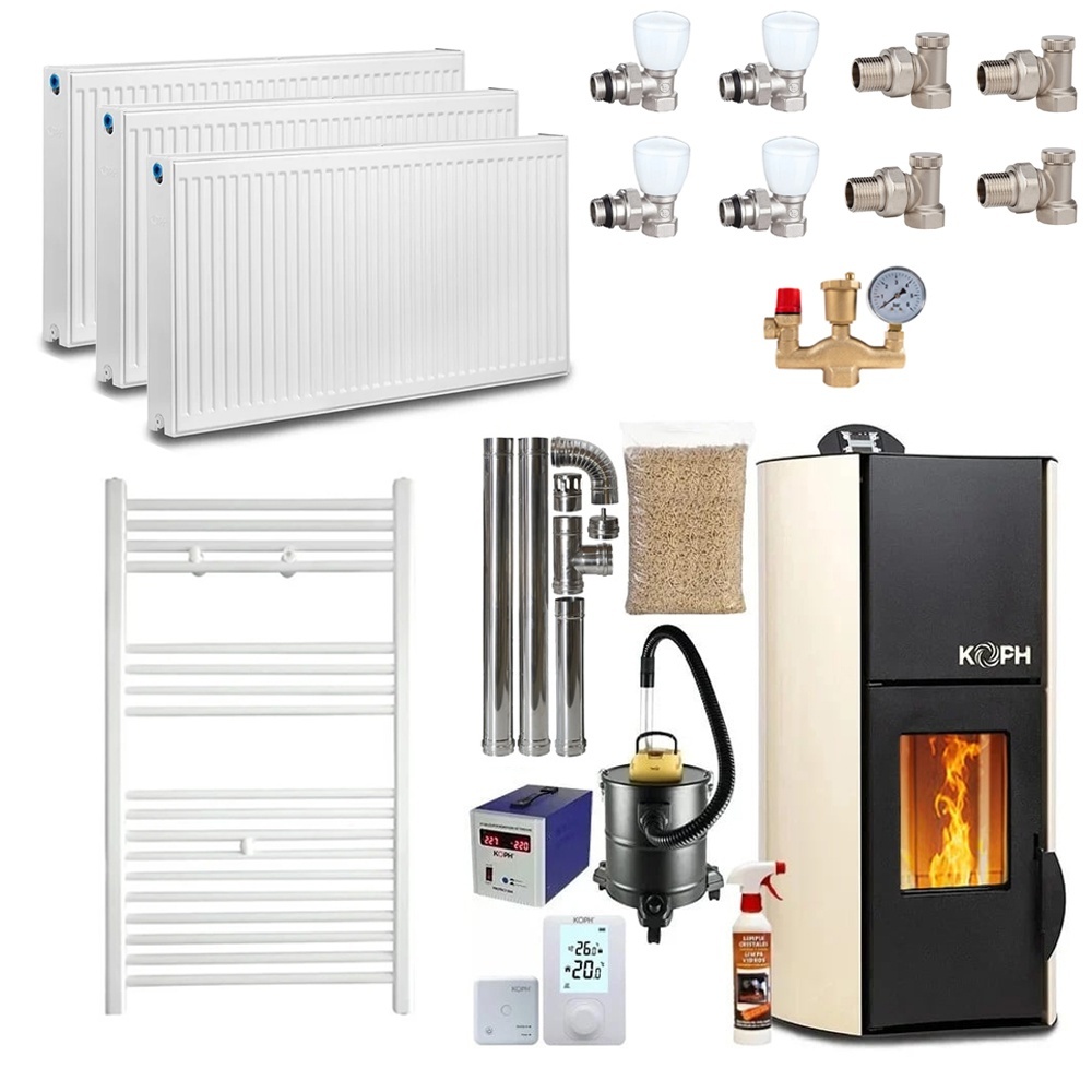 Pachet termosemineu pe peleti KOPH PM 12 kW, 80 mp, buncar peleti 12 kg, diametru cos fum ⌀80 mm, pompa recirculare si vas expansiune incorporate,