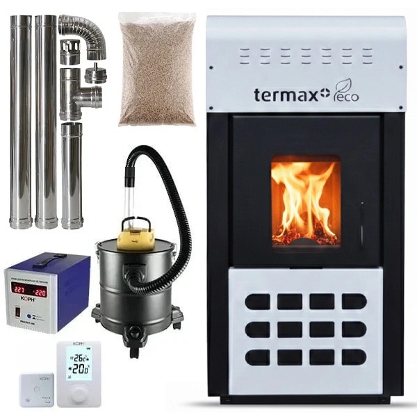 Pachet termosemineu pe peleti Termax Kamin ECO, 25 kW, 160 mp, buncar peleti 45 kg, volum apa 42 litri, diametru cos fum ⌀80 mm, vas expansiune si