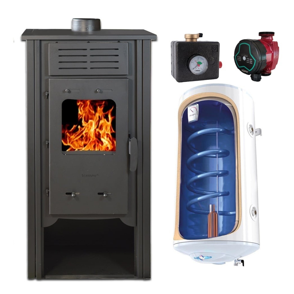 Pachet termosemineu Termax Hydra, 6.5 kW, randament 75.5%, 43 m², Bej, Grup siguranta, Pompa recirculare si Boiler termoelectric Tesy 80 litri