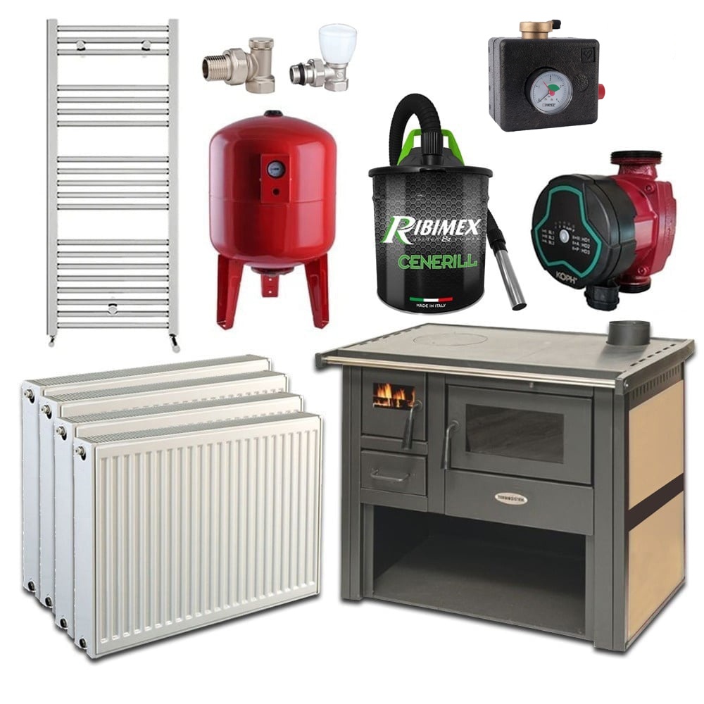 Pachet Termosoba pe lemn Termax Culina, 12.05 kW, evacuare pe dreapta, cuptor integrat, randament 85.29%, 80 m², Calorifere, Pompa Recirculare, Grup