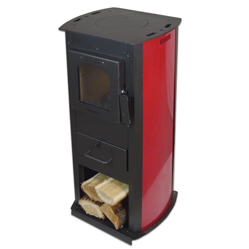 Soba pe lemn Termax Corex, 6.11 kW, evacuare spate, randament 86.49%, 40 m², spatiu depozitare lemne, Bordo