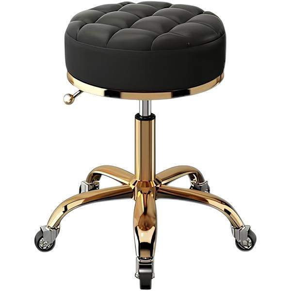 Scaun Salon/Frizerie Reglabil cu Sezut din Piele Neagra – Rotatie 360°, Baza Aurie
