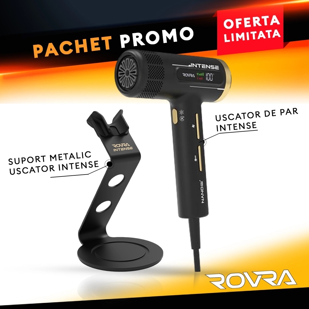 Pachet Promo - ROVRA - Uscator de Par Intense Negru + Suport uscator