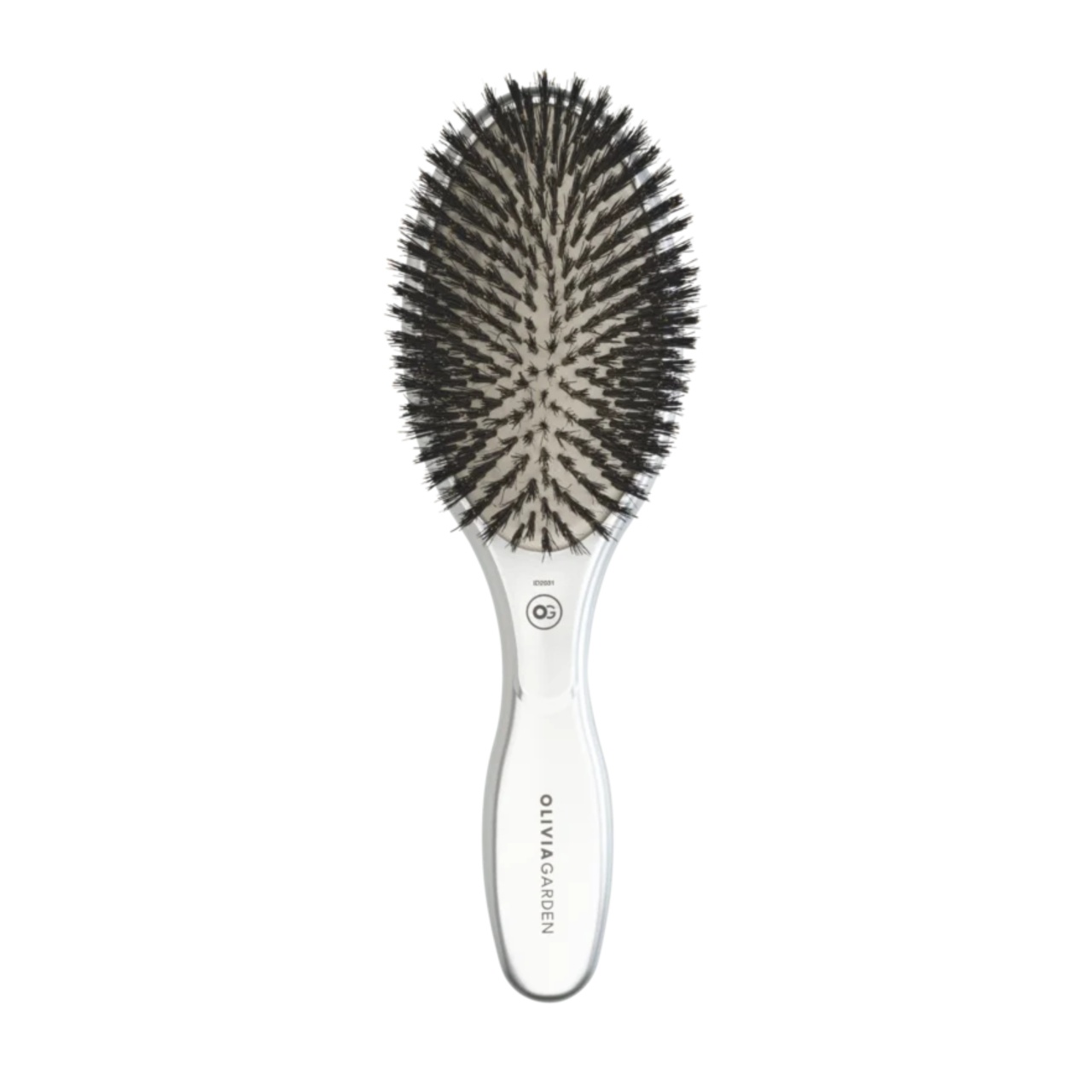 Perie profesională Olivia Garden Expert Care Oval Silver, cu peri naturali de mistreț, pentru strălucire și îngrijire delicată
