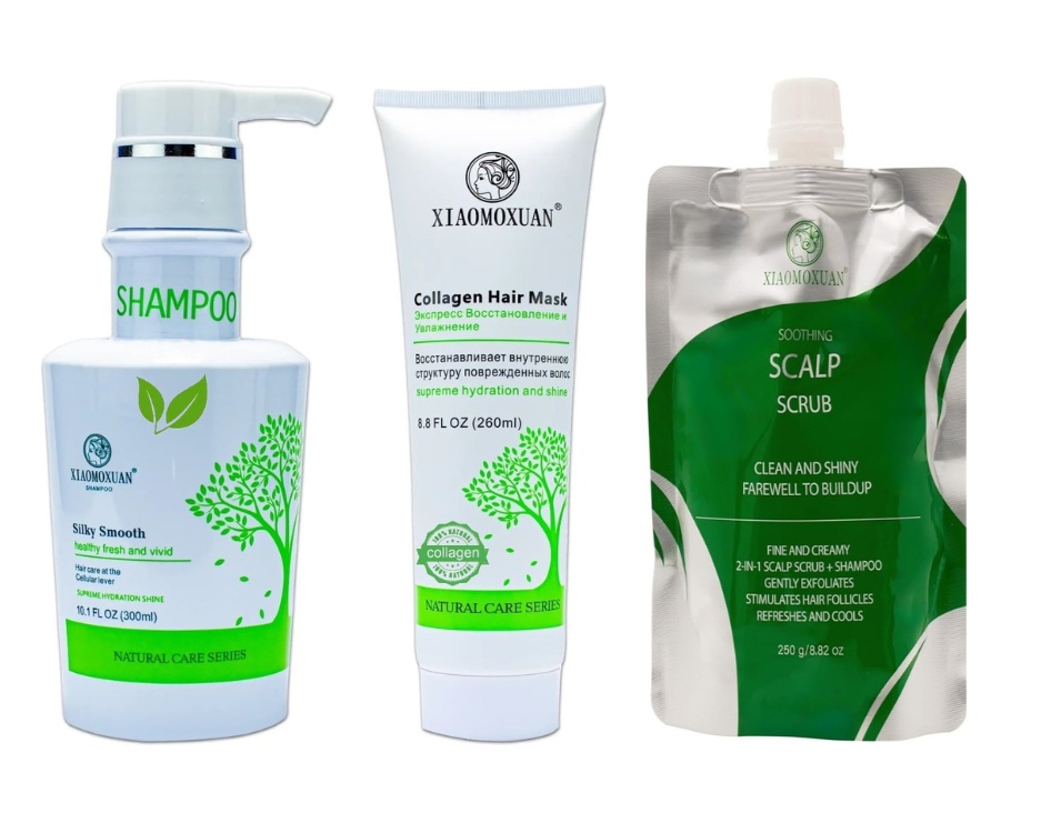 Set Cadou Xiaomoxuan S1M260SCRUB - Sampon Arbore de Ceai 300ml + Masca Colagen 260ml + Scrub Curatare Scalp