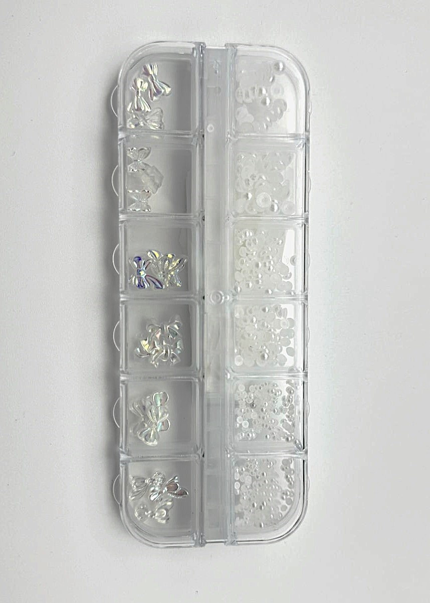 Figurine de manichiură 3D, set (fundițe + perle, alb)