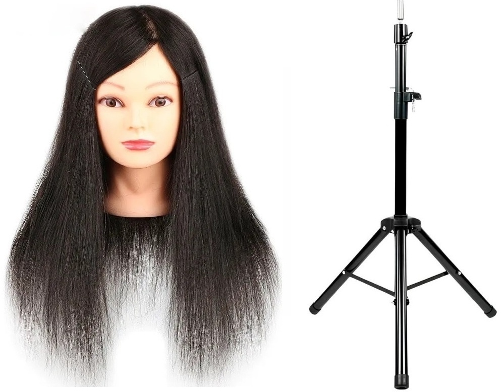 Set Trepied Metalic + Manechin Par Natural 100% pentru Coafat, Vopsit, Decolorat, Maria Brunet, 45-50 cm + Suport Prindere Masa