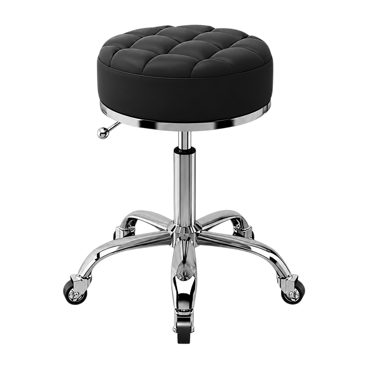 Scaun Salon/Frizerie Reglabil cu Sezut din Piele Neagra – Rotatie 360°, Baza Argintie