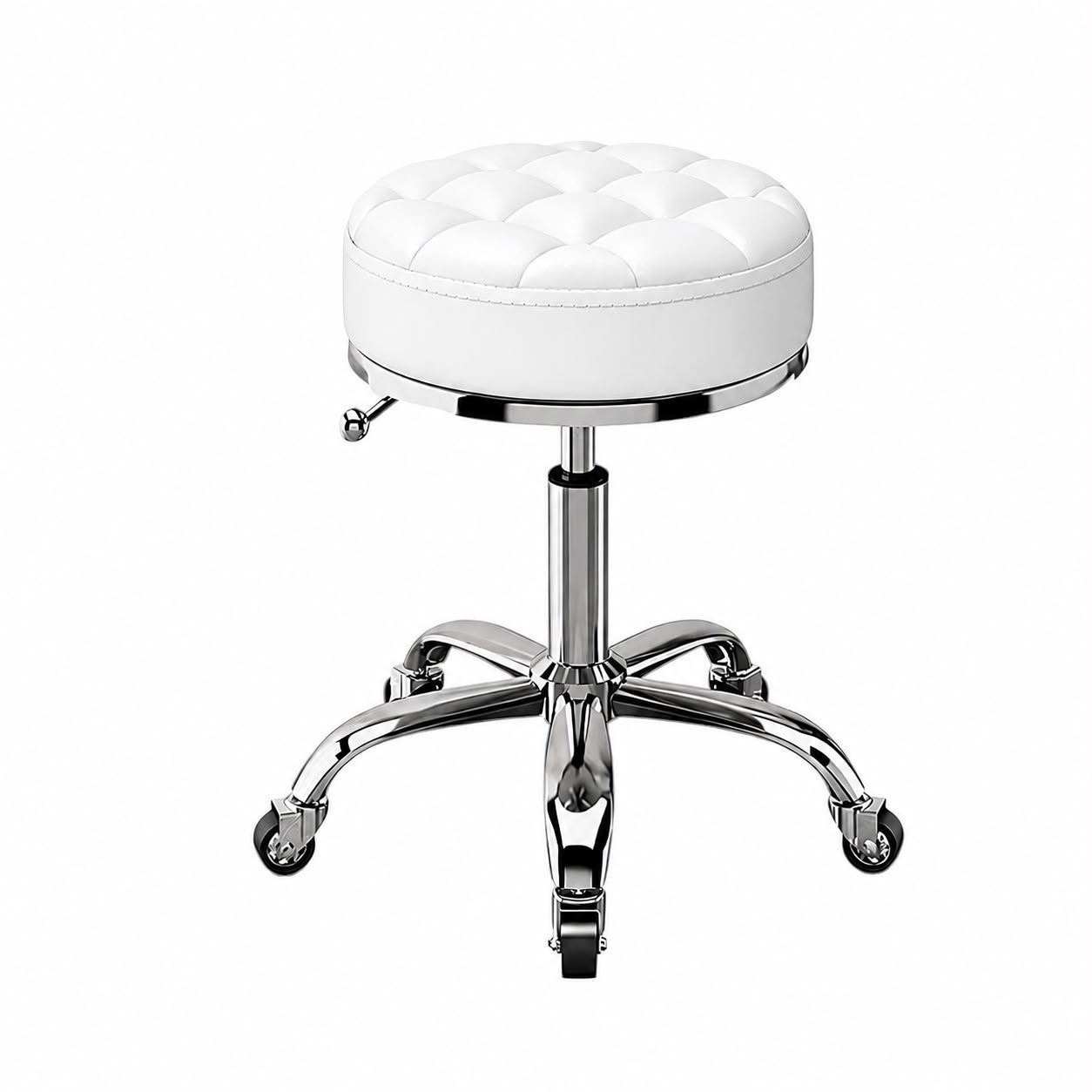 Scaun Salon/Frizerie Reglabil cu Sezut din Piele Alba – Rotatie 360°, Baza Argintie
