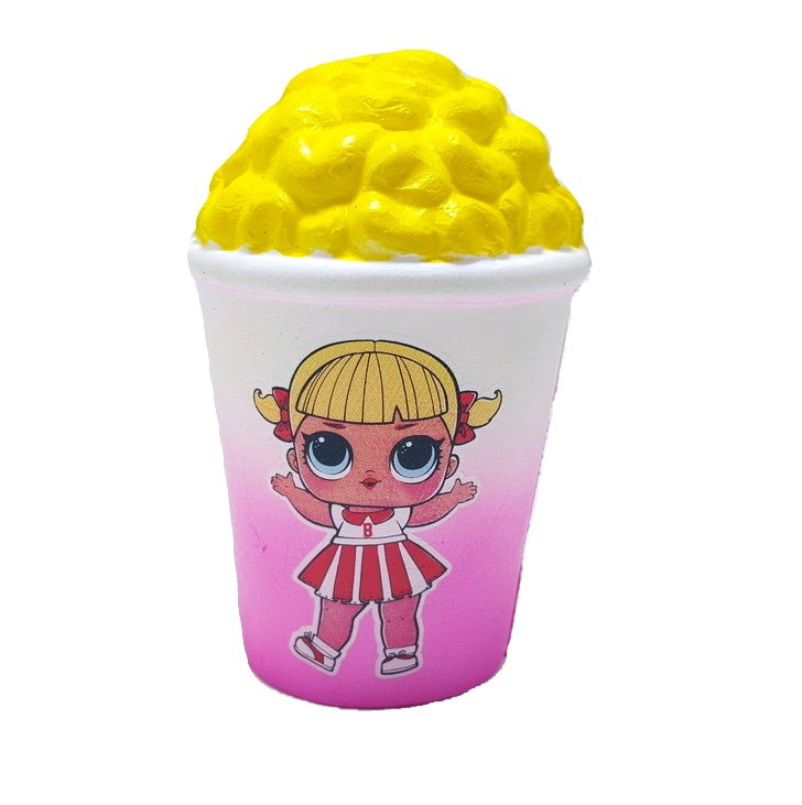 Jucarie Squishy, model pahar cu popcorn, design fetita cu rochita alb cu rosu