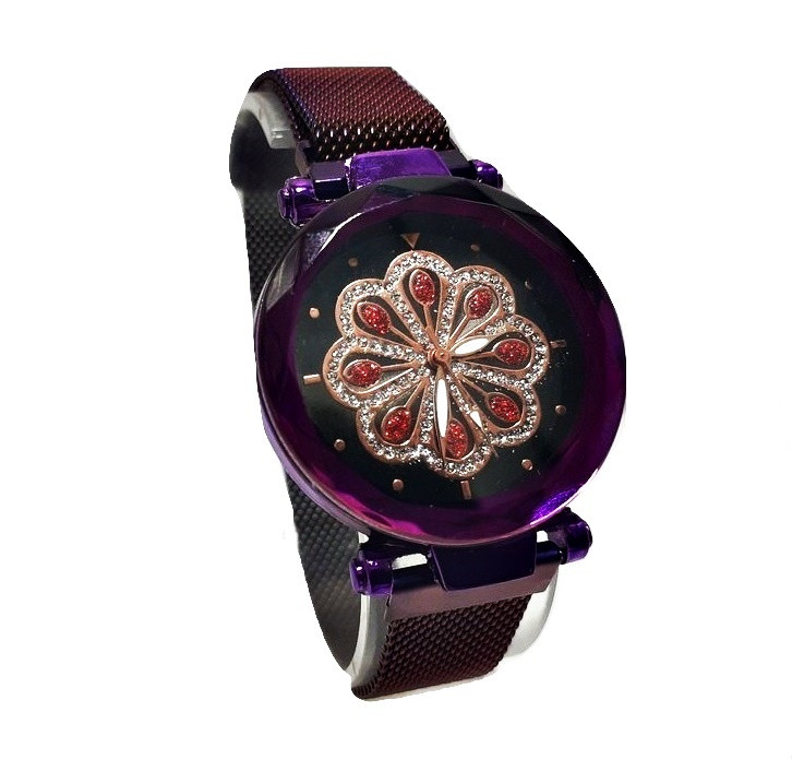 Ceas dama bratara magnetica, cu cristale, floare stilizata, mov / purple