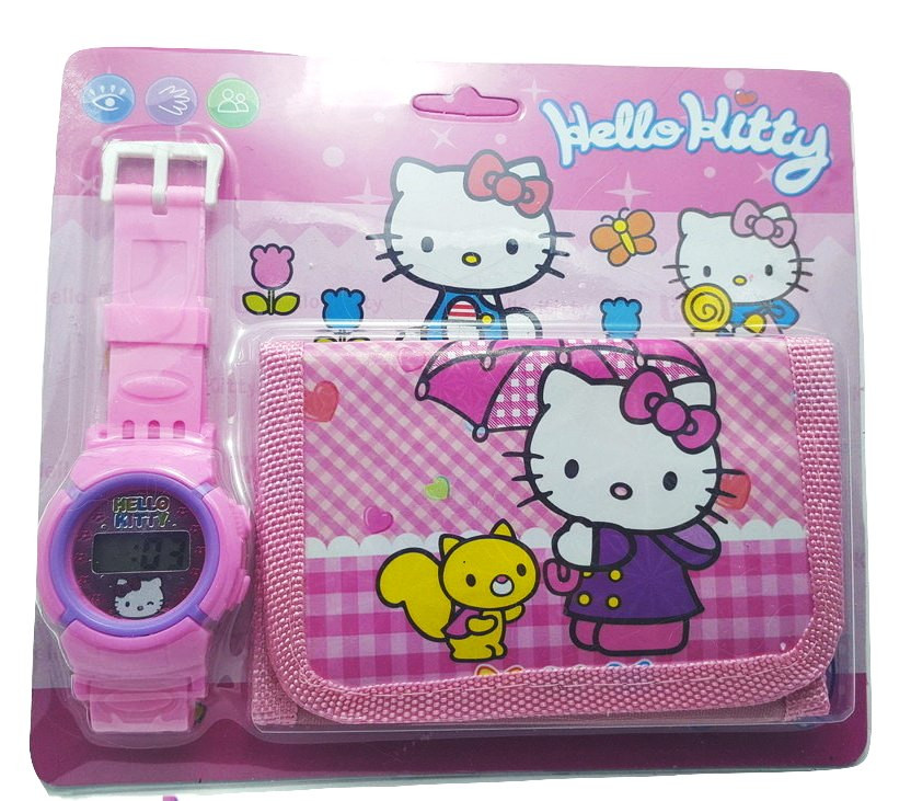 Ceas pentru fetite cu portofel, tip Hello Kitty