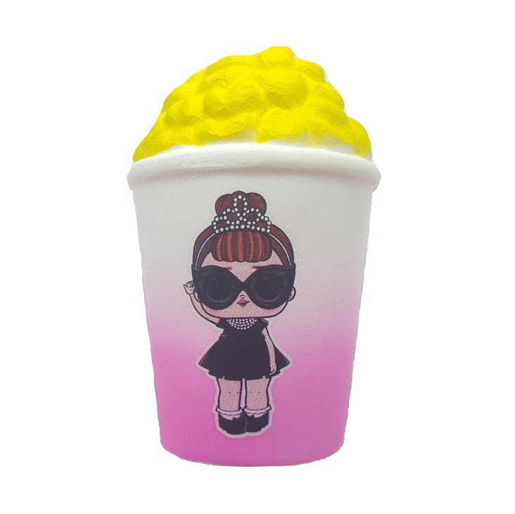 Jucarie Squishy, model pahar popcorn, design fetita cu ochelari de soara si coronita
